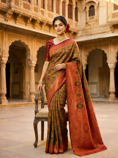 Mustard Brown & Rust Red Jacquard Woven Saree with Rich Zari Border & Traditional Designer Pallu