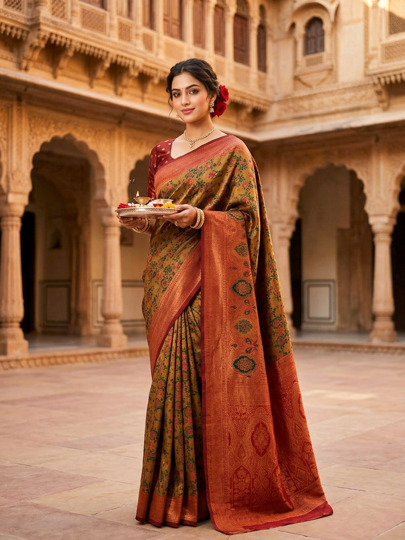 Mustard Brown & Rust Red Jacquard Woven Saree with Rich Zari Border & Traditional Designer Pallu