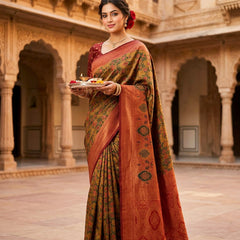 Mustard Brown & Rust Red Jacquard Woven Saree with Rich Zari Border & Traditional Designer Pallu