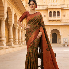 Mustard Brown & Rust Red Jacquard Woven Saree with Rich Zari Border & Traditional Designer Pallu