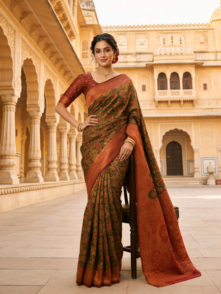 Mustard Brown & Rust Red Jacquard Woven Saree with Rich Zari Border & Traditional Designer Pallu