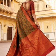 Mustard Brown & Rust Red Jacquard Woven Saree with Rich Zari Border & Traditional Designer Pallu