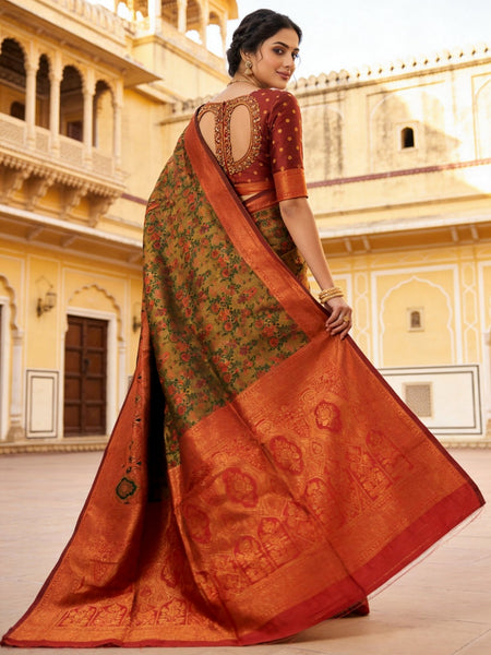 Mustard Brown & Rust Red Jacquard Woven Saree with Rich Zari Border & Traditional Designer Pallu