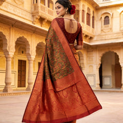 Mustard Brown & Rust Red Jacquard Woven Saree with Rich Zari Border & Traditional Designer Pallu