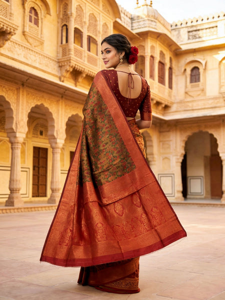 Mustard Brown & Rust Red Jacquard Woven Saree with Rich Zari Border & Traditional Designer Pallu