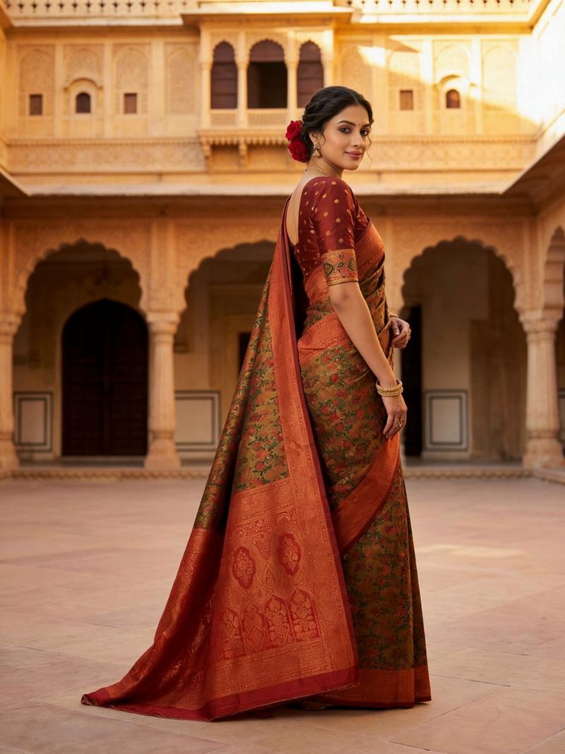 Mustard Brown & Rust Red Jacquard Woven Saree with Rich Zari Border & Traditional Designer Pallu