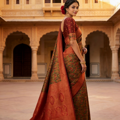 Mustard Brown & Rust Red Jacquard Woven Saree with Rich Zari Border & Traditional Designer Pallu
