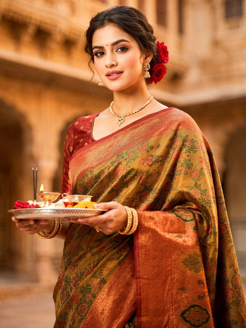 Mustard Brown & Rust Red Jacquard Woven Saree with Rich Zari Border & Traditional Designer Pallu