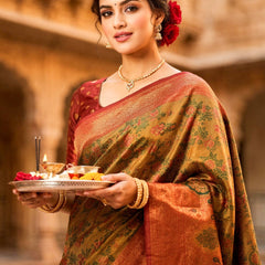 Mustard Brown & Rust Red Jacquard Woven Saree with Rich Zari Border & Traditional Designer Pallu