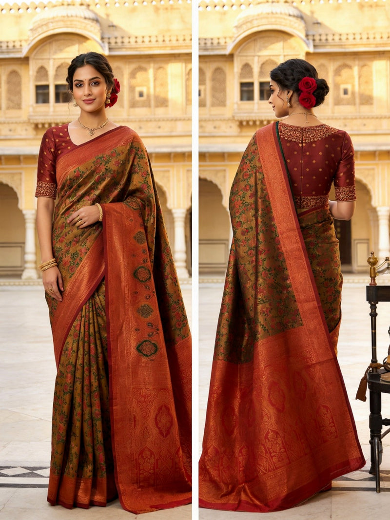 Mustard Brown & Rust Red Jacquard Woven Saree with Rich Zari Border & Traditional Designer Pallu