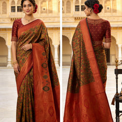 Mustard Brown & Rust Red Jacquard Woven Saree with Rich Zari Border & Traditional Designer Pallu