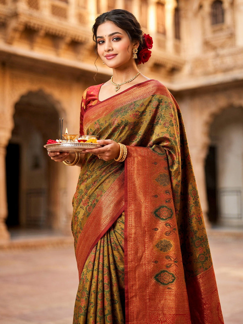 Mustard Brown & Rust Red Jacquard Woven Saree with Rich Zari Border & Traditional Designer Pallu