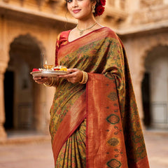 Mustard Brown & Rust Red Jacquard Woven Saree with Rich Zari Border & Traditional Designer Pallu