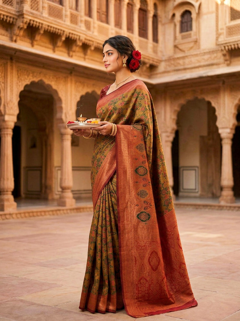 Mustard Brown & Rust Red Jacquard Woven Saree with Rich Zari Border & Traditional Designer Pallu