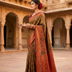 Mustard Brown & Rust Red Jacquard Woven Saree with Rich Zari Border & Traditional Designer Pallu