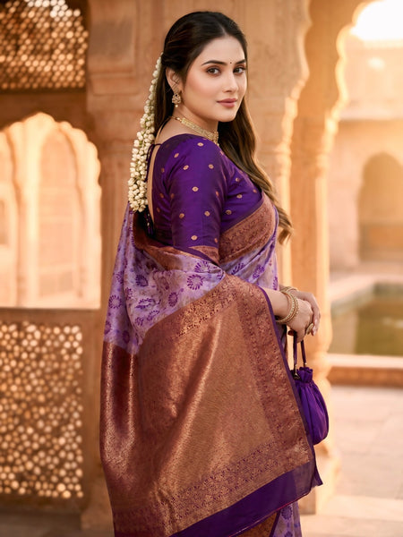 Lavender Purple Jacquard Woven Saree with Rich Copper Zari Border & Traditional Designer Pallu