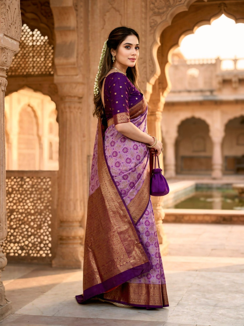 Lavender Purple Jacquard Woven Saree with Rich Copper Zari Border & Traditional Designer Pallu