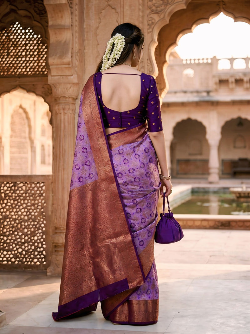 Lavender Purple Jacquard Woven Saree with Rich Copper Zari Border & Traditional Designer Pallu