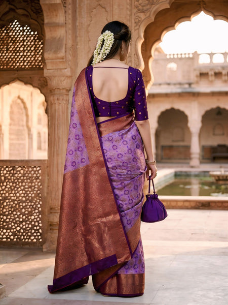 Lavender Purple Jacquard Woven Saree with Rich Copper Zari Border & Traditional Designer Pallu