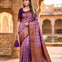 Lavender Purple Jacquard Woven Saree with Rich Copper Zari Border & Traditional Designer Pallu