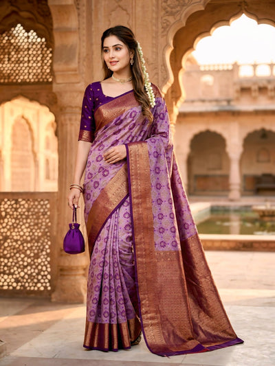 Lavender Purple Jacquard Woven Saree with Rich Copper Zari Border & Traditional Designer Pallu