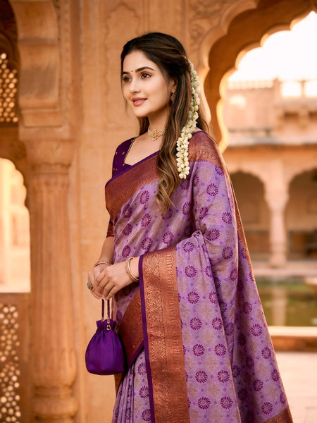 Lavender Purple Jacquard Woven Saree with Rich Copper Zari Border & Traditional Designer Pallu