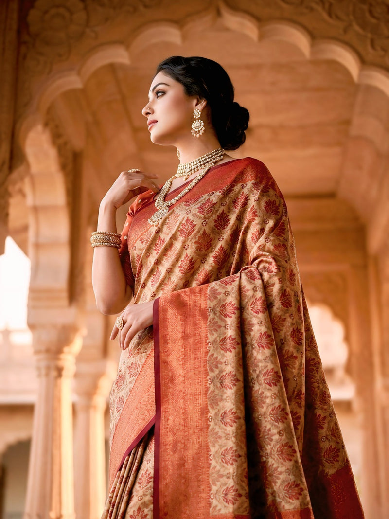 Beige & Rust Red Jacquard Woven Saree with Floral Motifs, Rich Zari Border & Designer Pallu