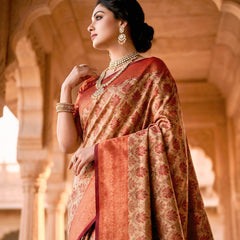 Beige & Rust Red Jacquard Woven Saree with Floral Motifs, Rich Zari Border & Designer Pallu