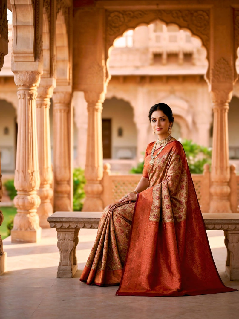Beige & Rust Red Jacquard Woven Saree with Floral Motifs, Rich Zari Border & Designer Pallu