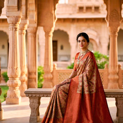Beige & Rust Red Jacquard Woven Saree with Floral Motifs, Rich Zari Border & Designer Pallu