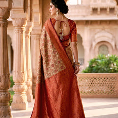 Beige & Rust Red Jacquard Woven Saree with Floral Motifs, Rich Zari Border & Designer Pallu