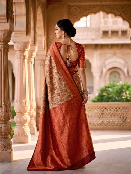 Beige & Rust Red Jacquard Woven Saree with Floral Motifs, Rich Zari Border & Designer Pallu