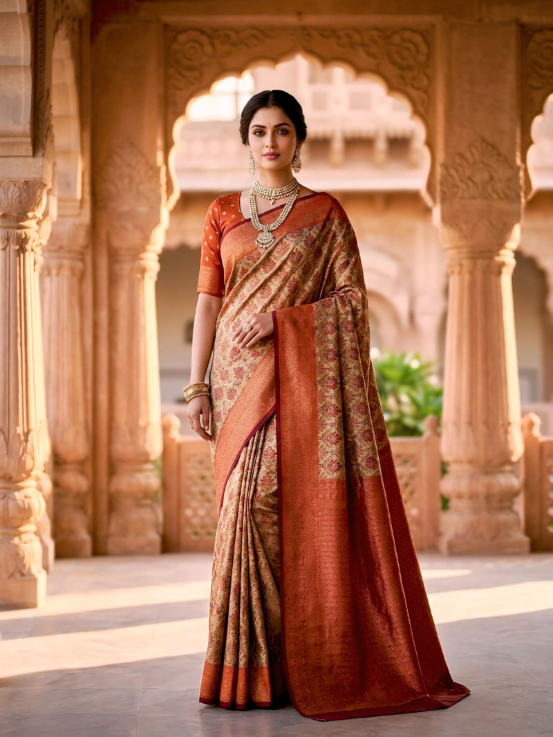 Beige & Rust Red Jacquard Woven Saree with Floral Motifs, Rich Zari Border & Designer Pallu