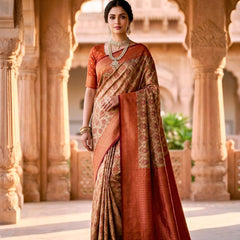 Beige & Rust Red Jacquard Woven Saree with Floral Motifs, Rich Zari Border & Designer Pallu