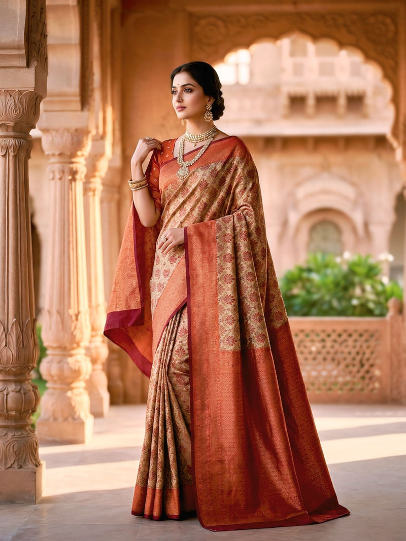Beige & Rust Red Jacquard Woven Saree with Floral Motifs, Rich Zari Border & Designer Pallu