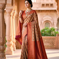 Beige & Rust Red Jacquard Woven Saree with Floral Motifs, Rich Zari Border & Designer Pallu