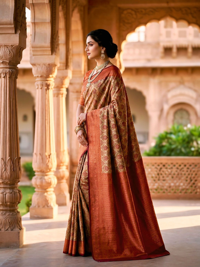 Beige & Rust Red Jacquard Woven Saree with Floral Motifs, Rich Zari Border & Designer Pallu