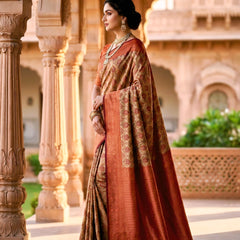 Beige & Rust Red Jacquard Woven Saree with Floral Motifs, Rich Zari Border & Designer Pallu