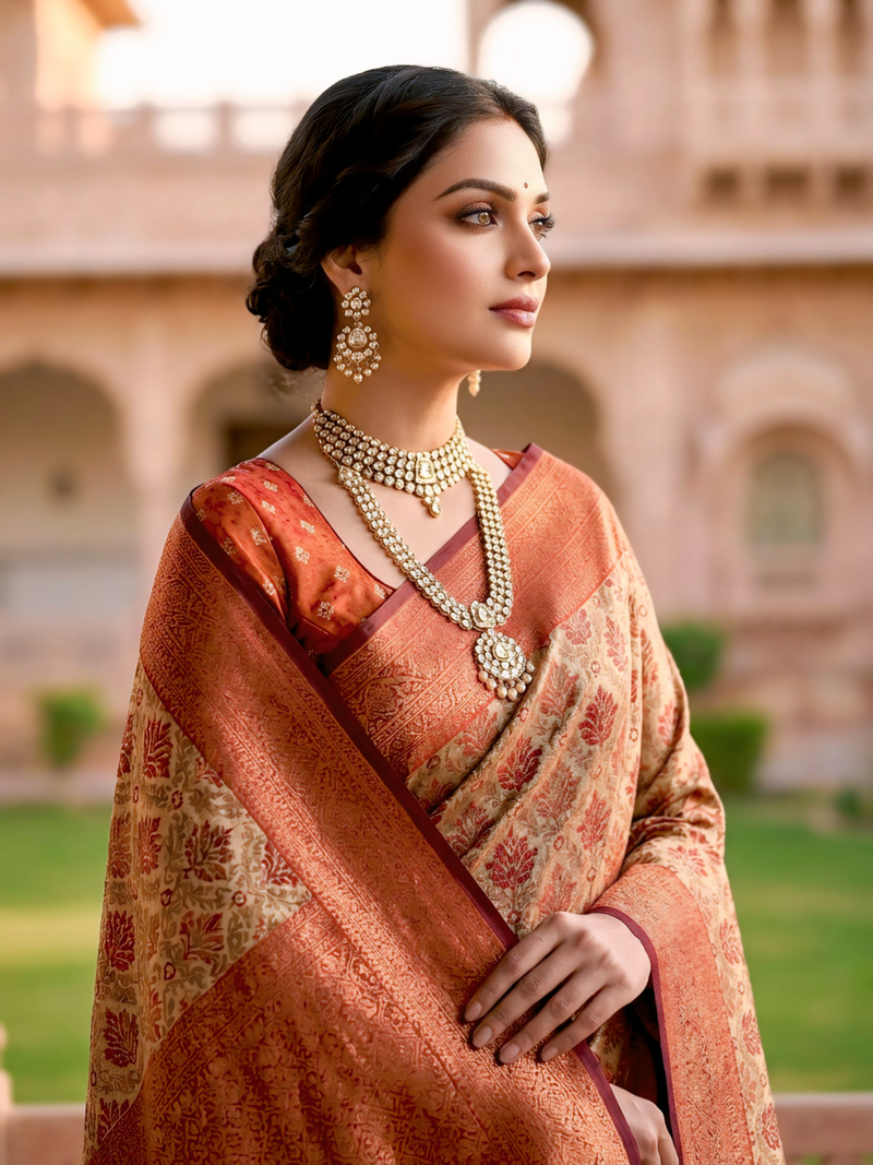 Beige & Rust Red Jacquard Woven Saree with Floral Motifs, Rich Zari Border & Designer Pallu