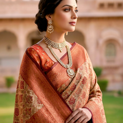 Beige & Rust Red Jacquard Woven Saree with Floral Motifs, Rich Zari Border & Designer Pallu