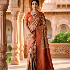 Beige & Rust Red Jacquard Woven Saree with Floral Motifs, Rich Zari Border & Designer Pallu
