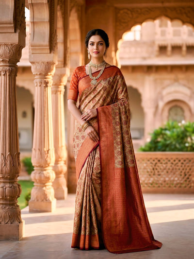 Beige & Rust Red Jacquard Woven Saree with Floral Motifs, Rich Zari Border & Designer Pallu