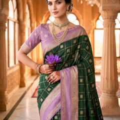Bottle Green & Lavender Jacquard Woven Saree with Gold Zari Checks, Butti Motifs & Rich Pallu
