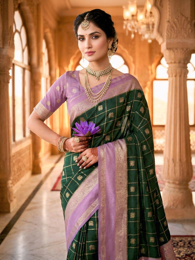 Bottle Green & Lavender Jacquard Woven Saree with Gold Zari Checks, Butti Motifs & Rich Pallu