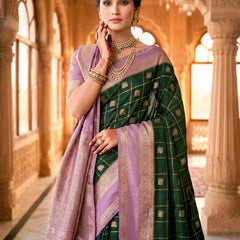 Bottle Green & Lavender Jacquard Woven Saree with Gold Zari Checks, Butti Motifs & Rich Pallu