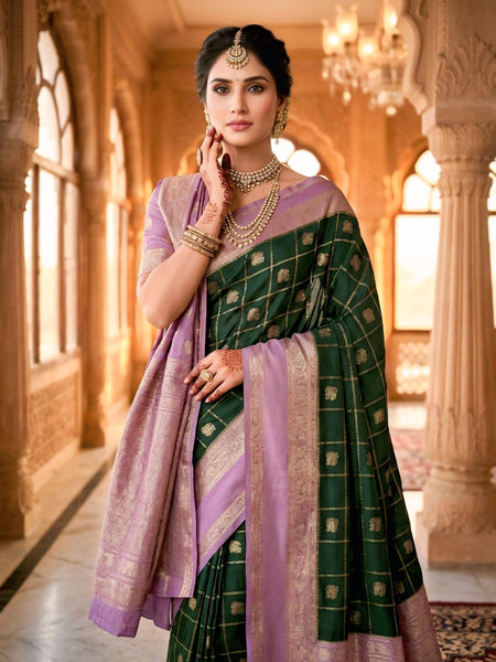 Bottle Green & Lavender Jacquard Woven Saree with Gold Zari Checks, Butti Motifs & Rich Pallu
