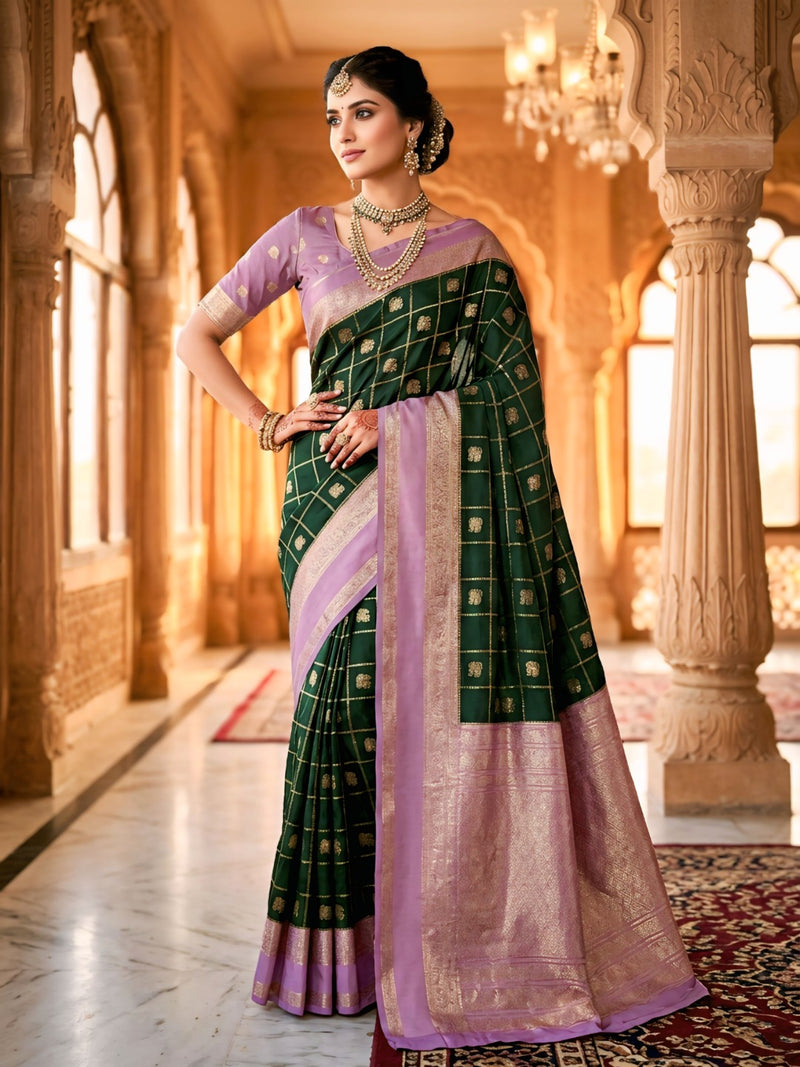Bottle Green & Lavender Jacquard Woven Saree with Gold Zari Checks, Butti Motifs & Rich Pallu