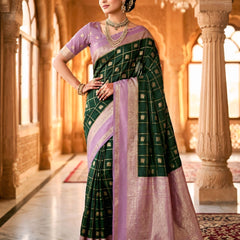 Bottle Green & Lavender Jacquard Woven Saree with Gold Zari Checks, Butti Motifs & Rich Pallu