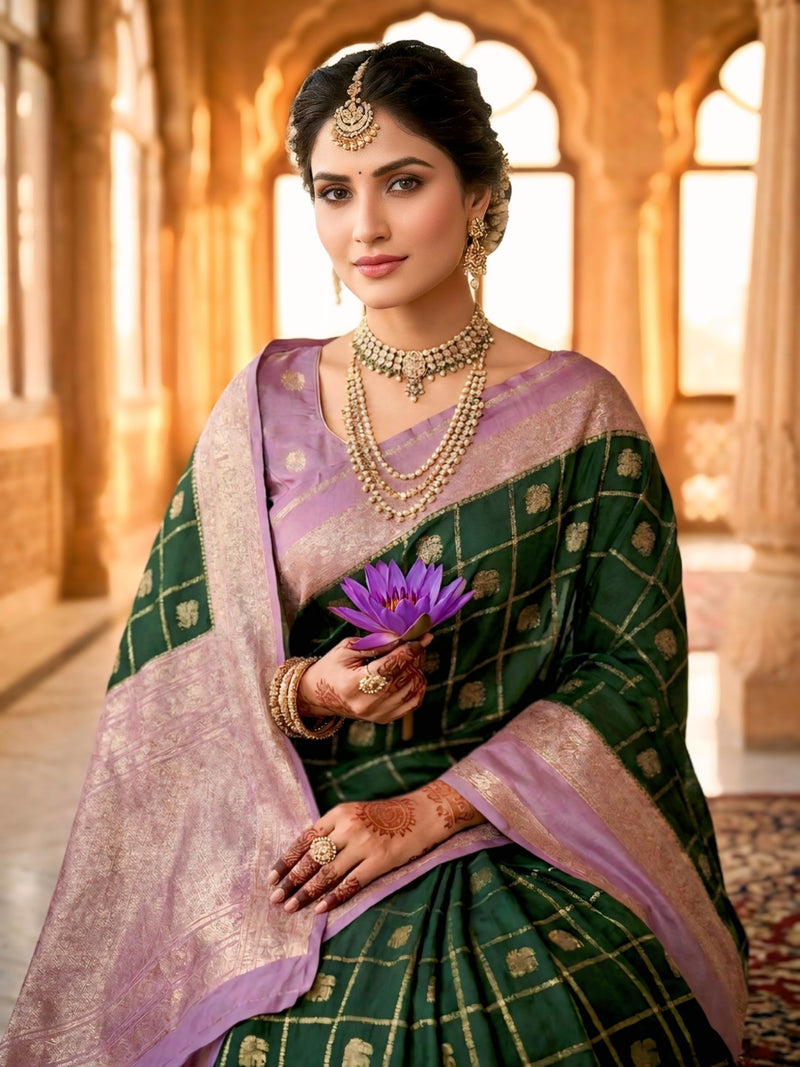 Bottle Green & Lavender Jacquard Woven Saree with Gold Zari Checks, Butti Motifs & Rich Pallu