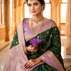 Bottle Green & Lavender Jacquard Woven Saree with Gold Zari Checks, Butti Motifs & Rich Pallu
